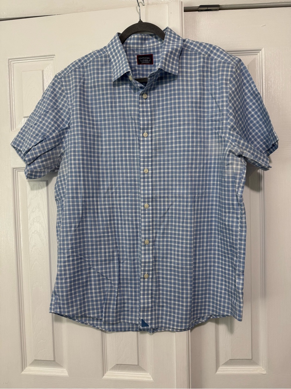 UNTUCKit Light Blue &‎ White Checked Short Sleeve Button-Down Shirt